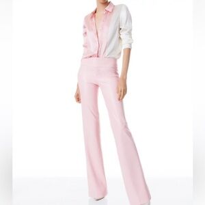 Alice + Olivia Willa Colorblock Stretch Satin Blouse in Petal/Ecru.